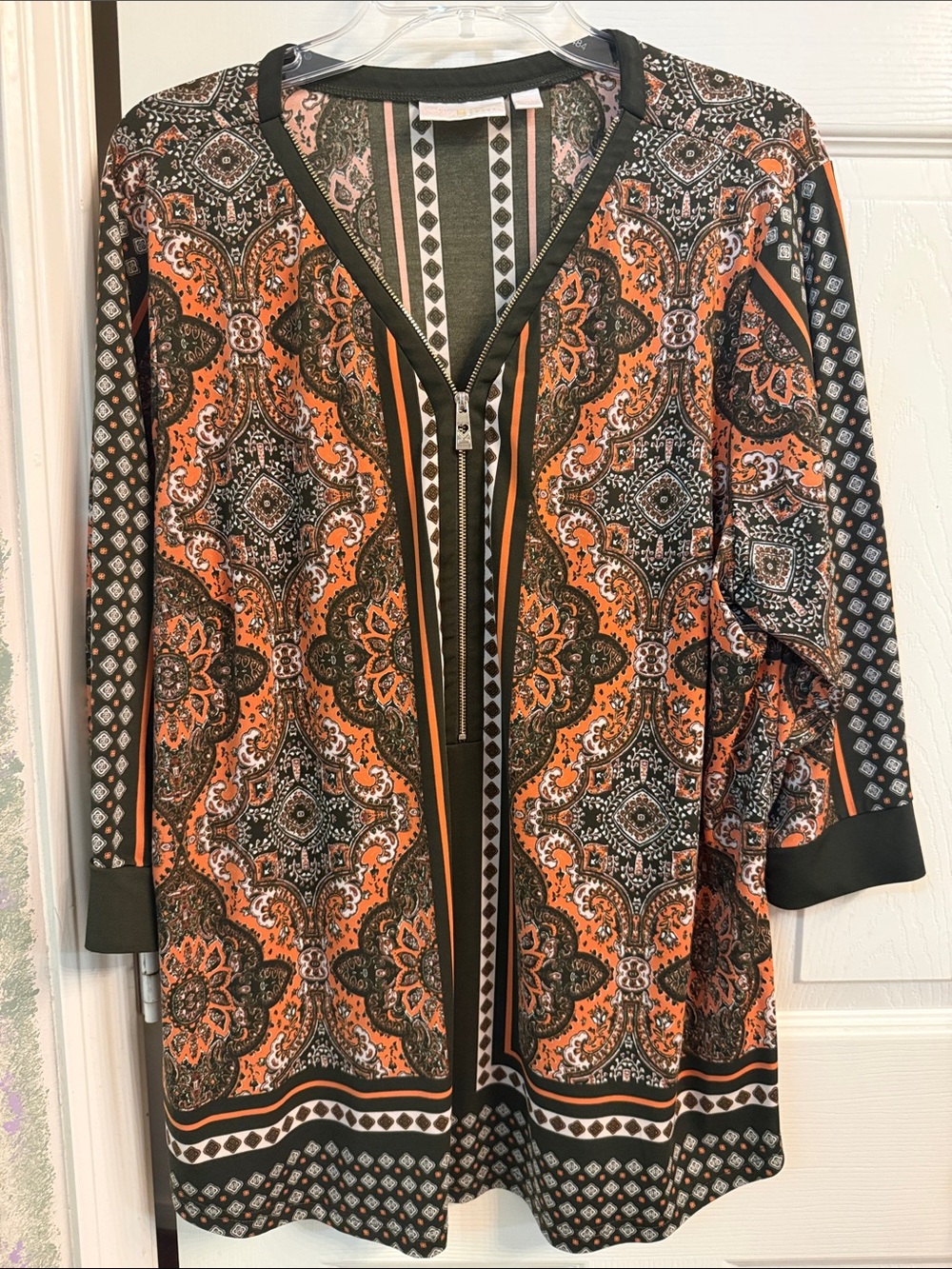 Belle by Kim Gravel Orange and Olive Paisley Zip-Front Long Sleeve Dress